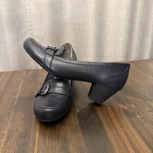 Naturalizer Stacked Heel Leather Penny Loafer Pump Shoe Navy W Size 9 M Business